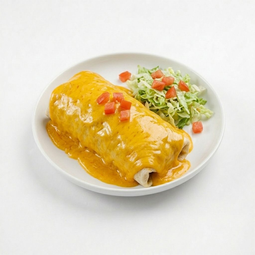 Egg And Cheese Smothered Breakfast Burrito.